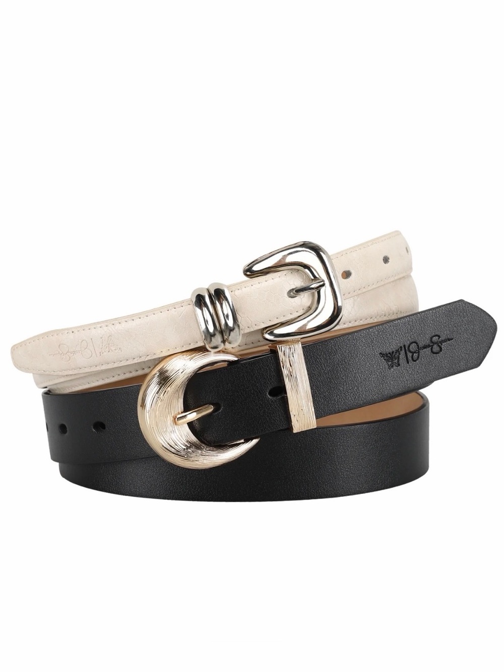 Jessica Simpson Classic Black Cream Belt Set Gold Silver Buckle Casual NWT Sz Lg